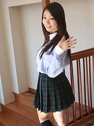 RelaXXX presents: Asian schoolgirl Tomoyo Hoshino strips to stockings and poses outdoors
